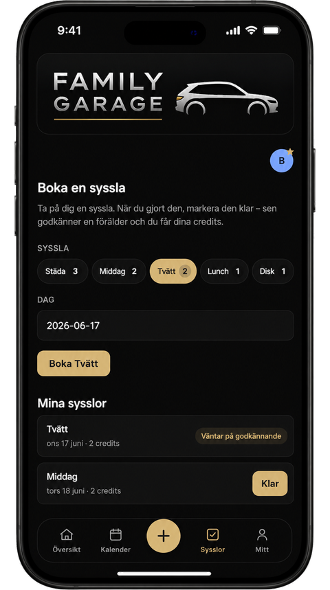 Sysslor — boka en syssla och tjäna credits