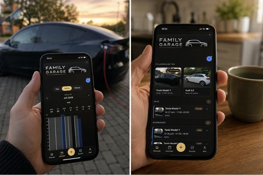 Familjegaraget-appen på två telefoner — kalendervy och översikt